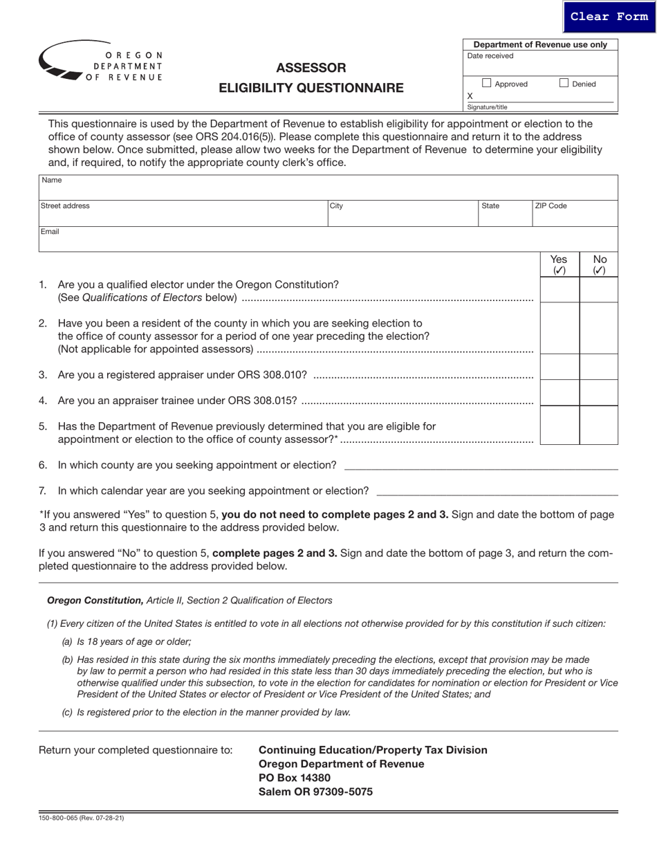 Form 150-800-065 Assessor Eligibility Questionnaire - Oregon, Page 1