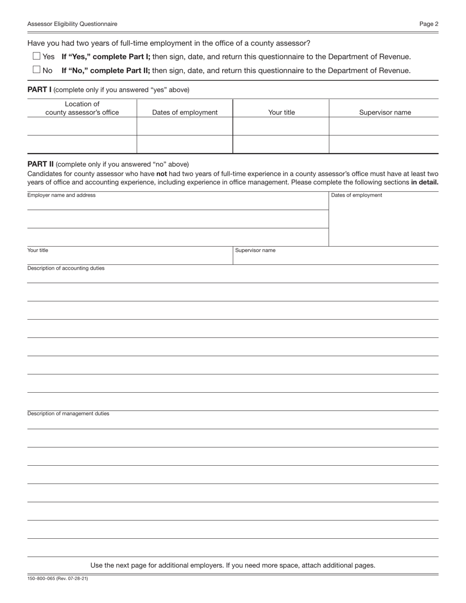 Form 150-800-065 Assessor Eligibility Questionnaire - Oregon, Page 2