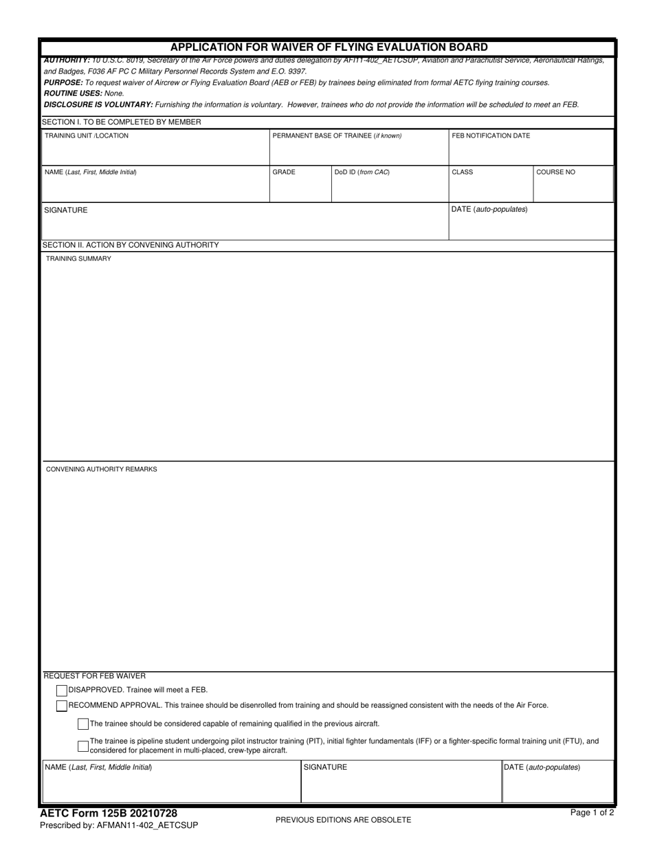 AETC Form 125B Application for Waiver of Flying Evaluation Board, Page 1