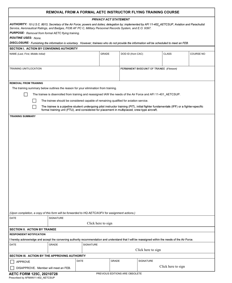 AETC Form 125C Removal From a Formal Aetc Instructor Flying Training Course, Page 1