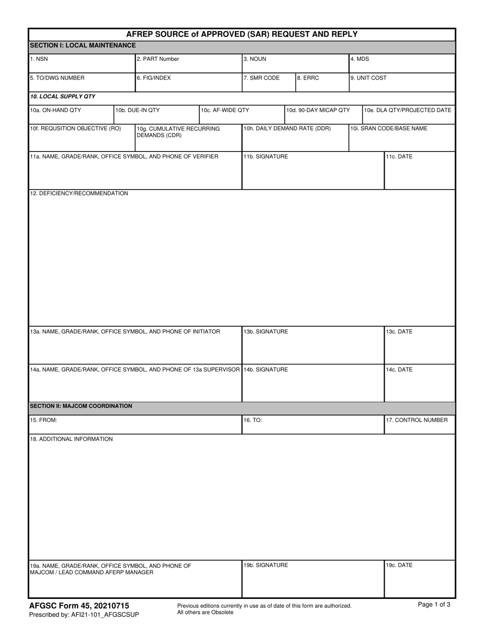 AFGSC Form 45 Afrep Source of Approved (Sar) Request and Reply, Page 1