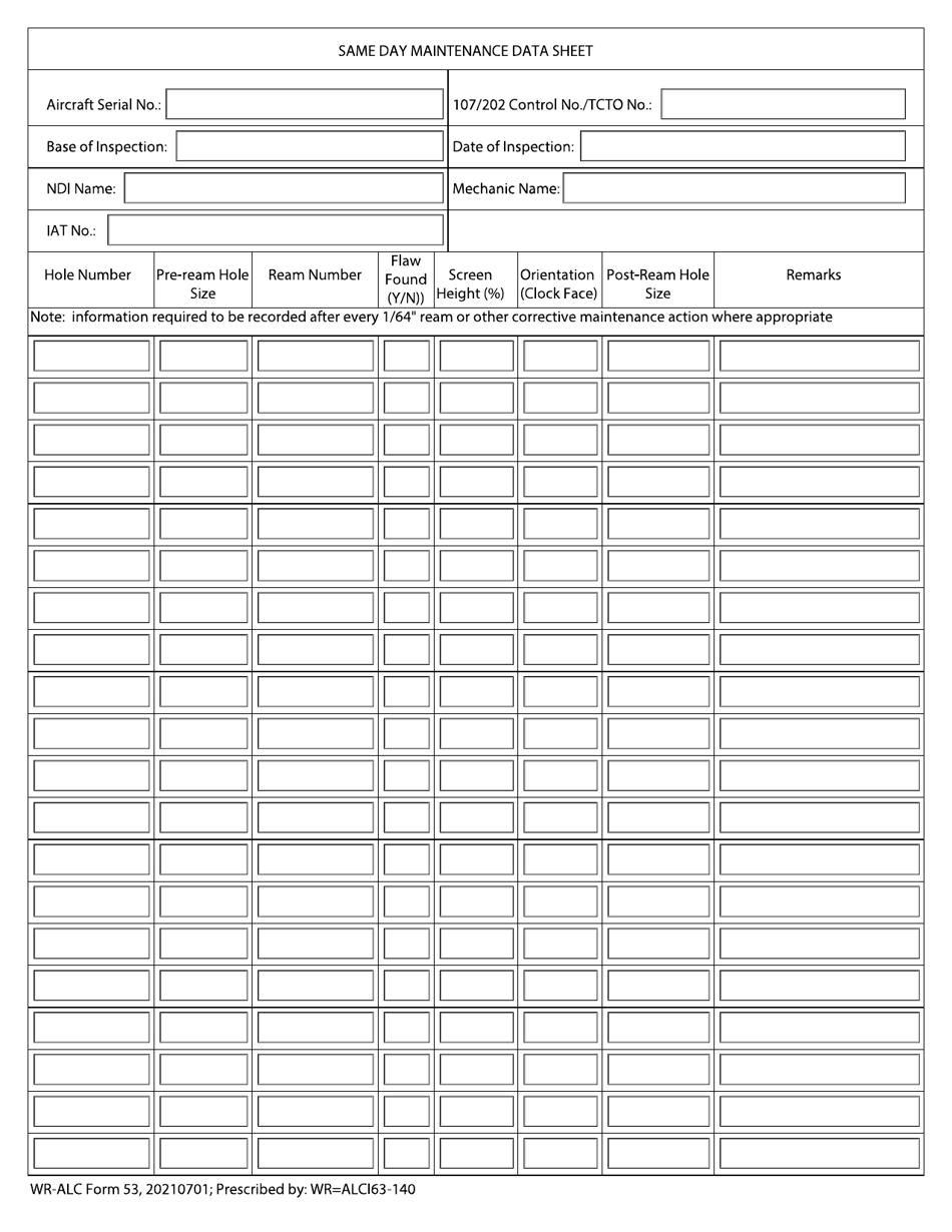 WR-ALC Form 53 Same Day Maintenance Data Sheet, Page 1