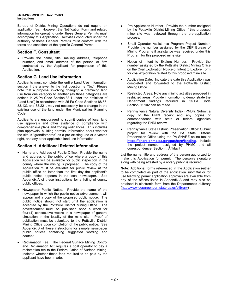 Instructions for Form 5600-PM-BMP0321 Anthracite Underground Mine Permit Application - Pennsylvania, Page 2