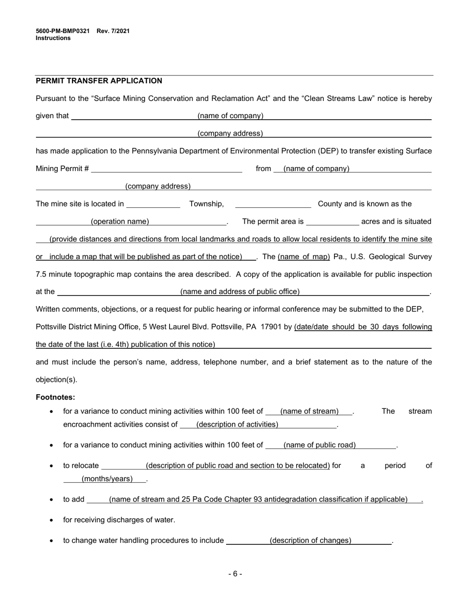 Instructions for Form 5600-PM-BMP0321 Anthracite Underground Mine Permit Application - Pennsylvania, Page 6