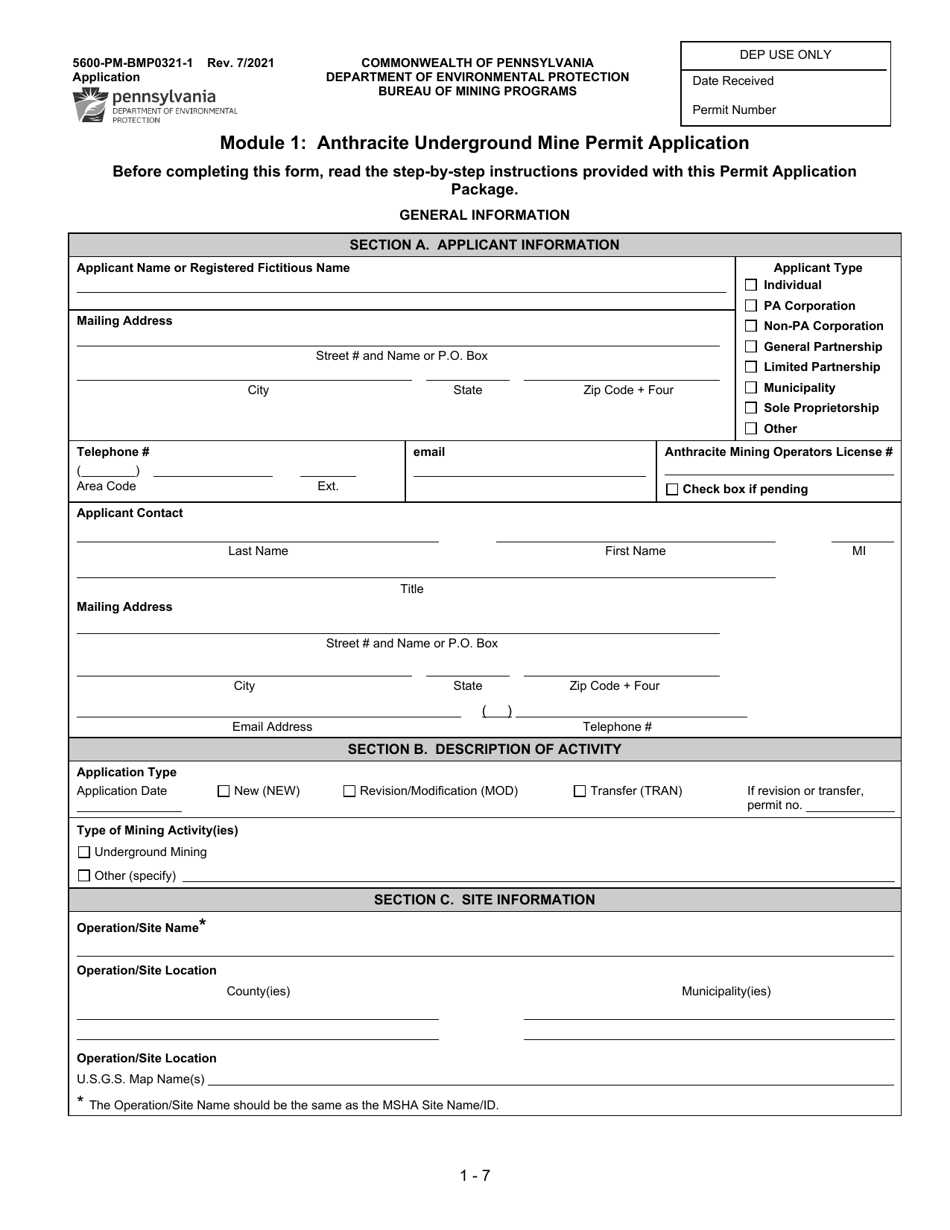 Form 5600-PM-BMP0321-1 Module 1: Anthracite Underground Mine Permit Application - Pennsylvania, Page 1