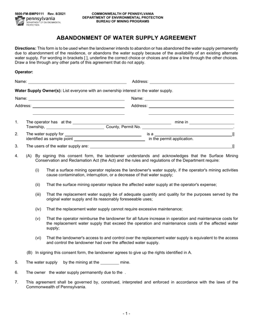 Form 5600-FM-BMP0111 Abandonment of Water Supply Agreement - Pennsylvania