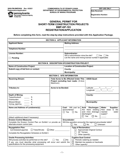 Form 5600-PM-BMP0004 General Permit for Short-Term Construction Projects Bmp-Gp-103 Registration/Application - Pennsylvania