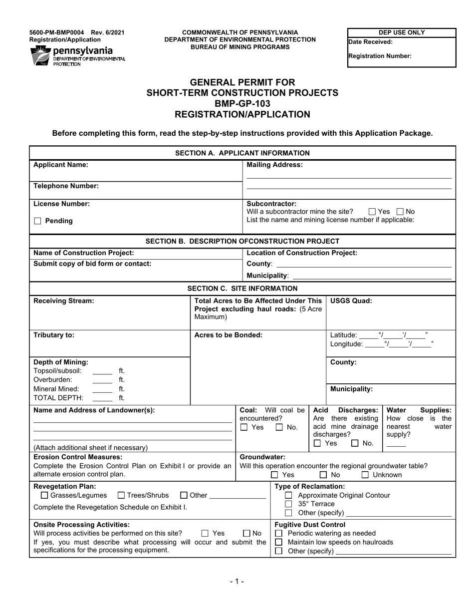 Form 5600-PM-BMP0004 General Permit for Short-Term Construction Projects Bmp-Gp-103 Registration / Application - Pennsylvania, Page 1