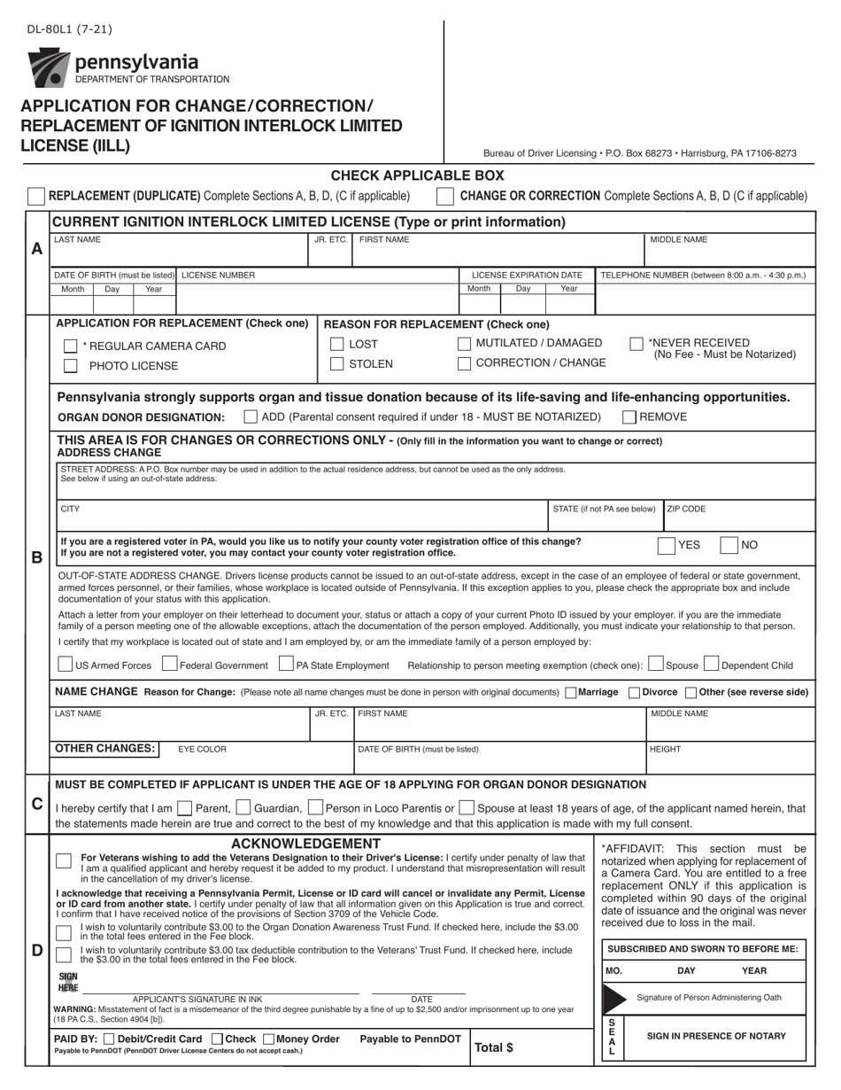 Form DL-80L1 Application for Change/Correction/ Replacement of Ignition Interlock Limited License (Iill) - Pennsylvania, Page 1
