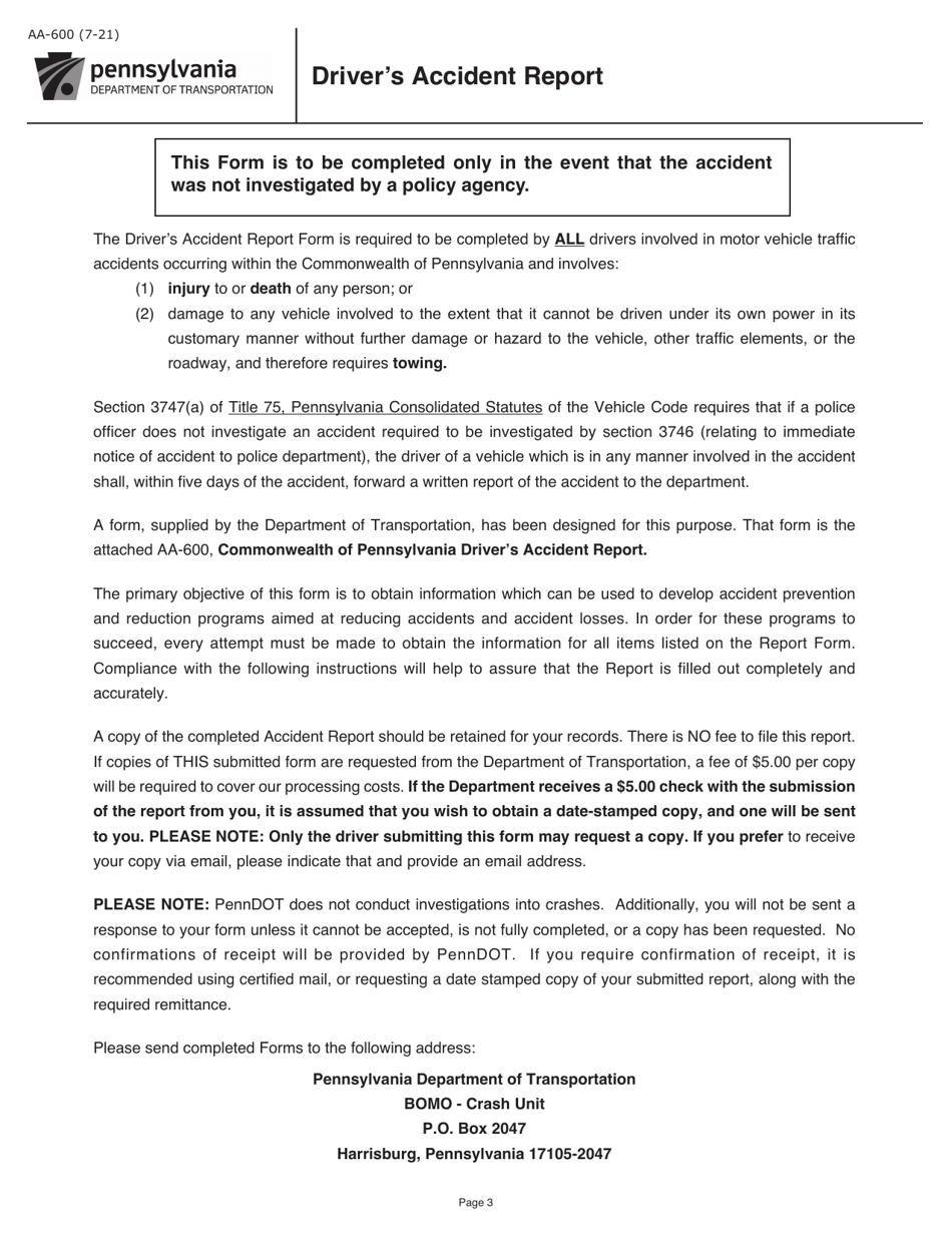 Form AA-600 Drivers Accident Report - Pennsylvania, Page 3