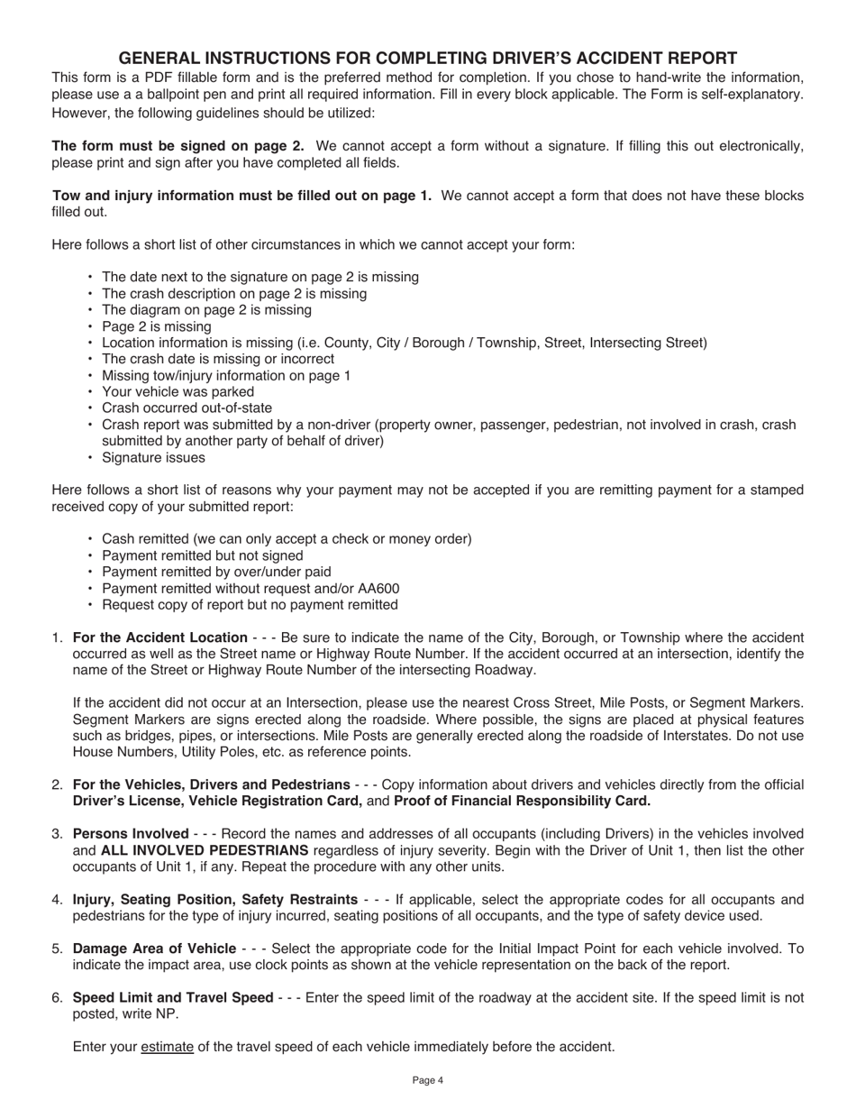 Form AA-600 Drivers Accident Report - Pennsylvania, Page 4