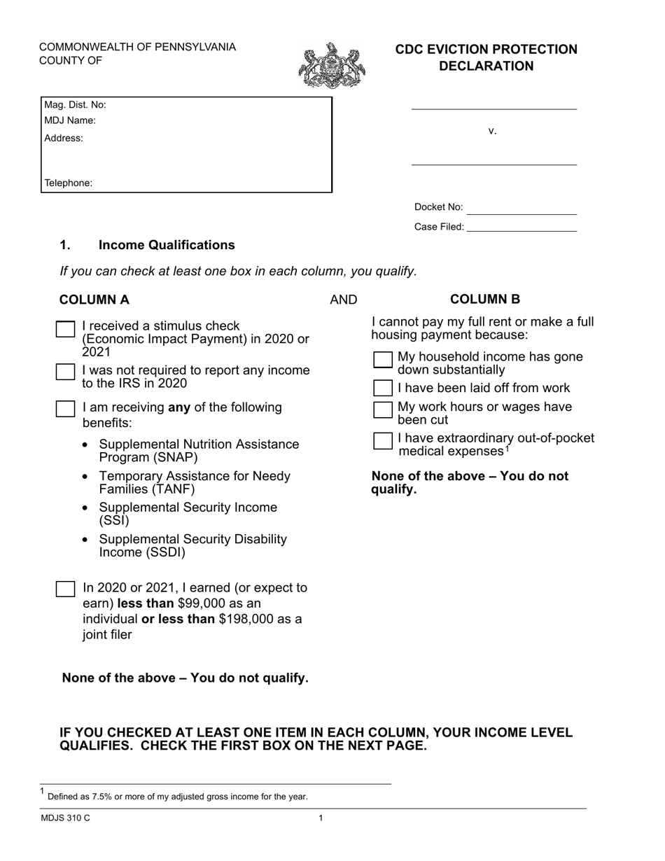 Form MDJS310 C CDC Eviction Protection Declaration - Pennsylvania, Page 1