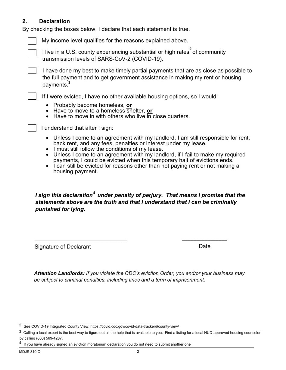 Form MDJS310 C CDC Eviction Protection Declaration - Pennsylvania, Page 2