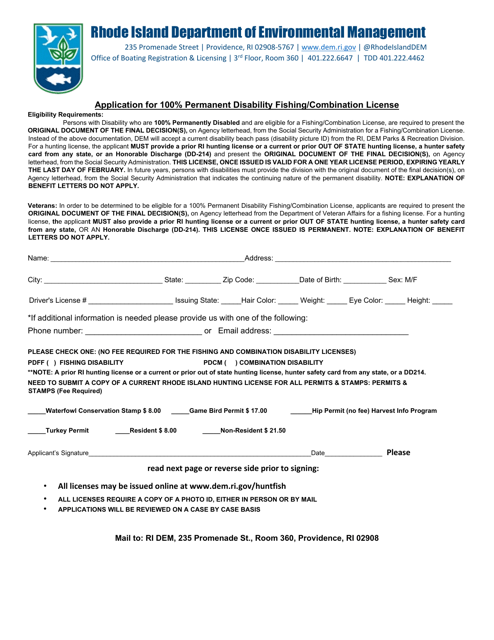 Application for 100% Permanent Disability Fishing/Combination License - Rhode Island