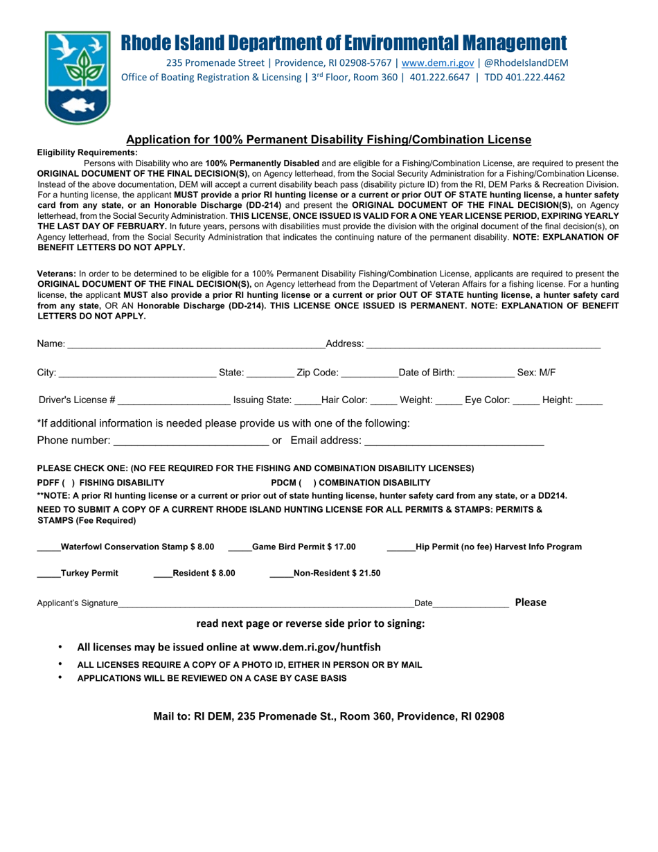 Rhode Island Application for 100 Permanent Disability Fishing