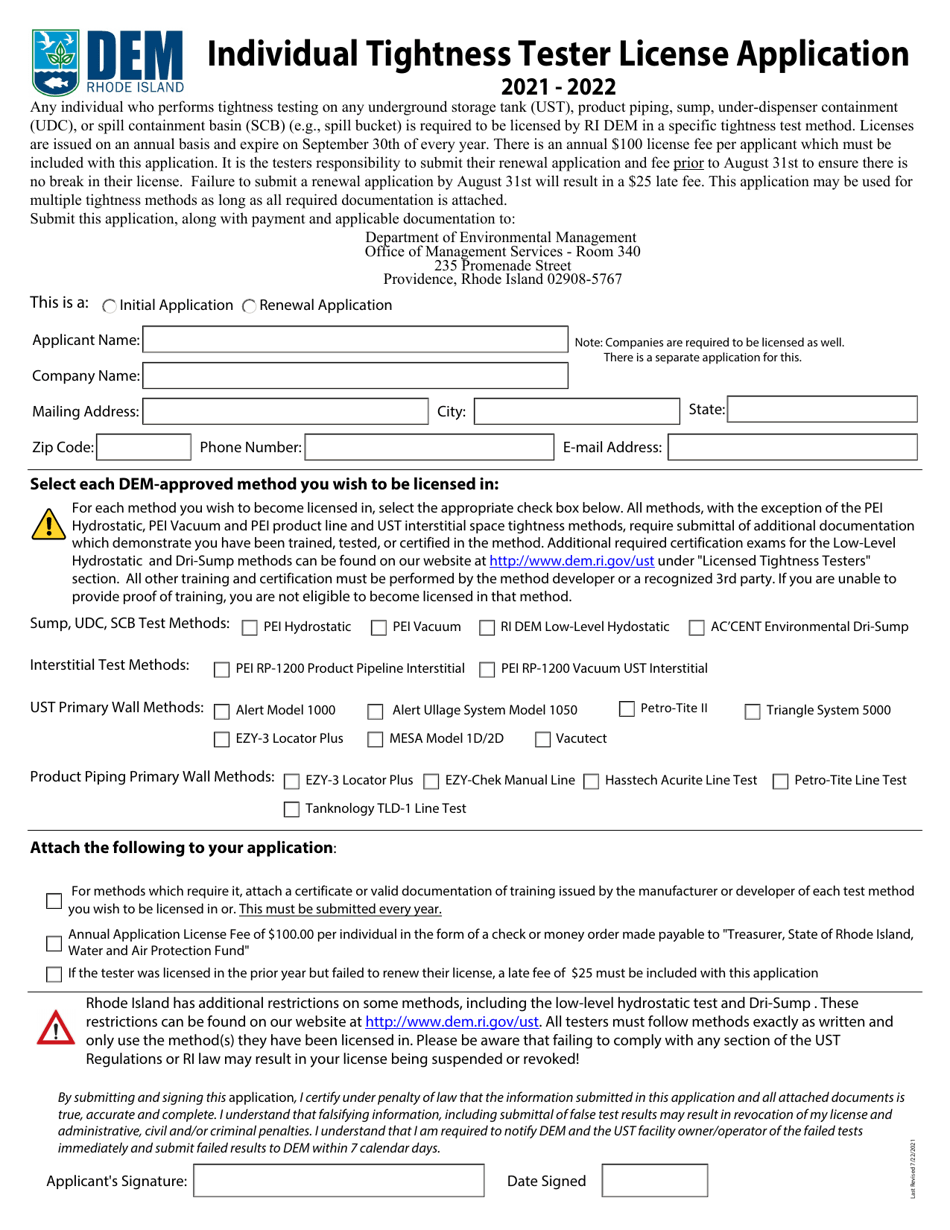 Individual Tightness Tester License Application - Rhode Island, Page 1