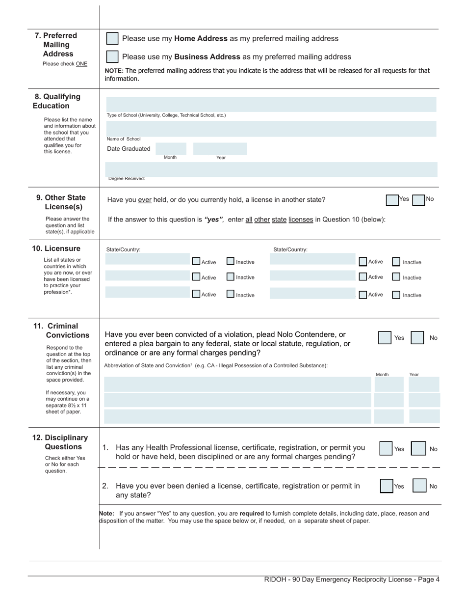 Emergency 90 Day Temporary License Application - Rhode Island, Page 4