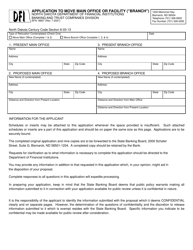 Form SFN18857 &quot;Application to Move Main Office or Facility (&quot;branch&quot;)&quot; - North Dakota