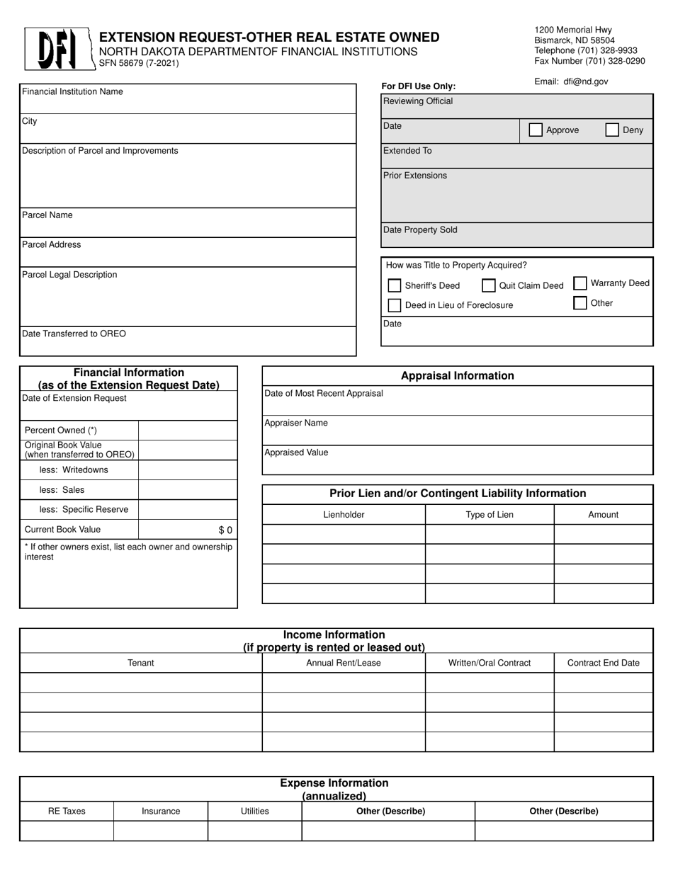 Form SFN58679 Extension Request-Other Real Estate Owned - North Dakota, Page 1