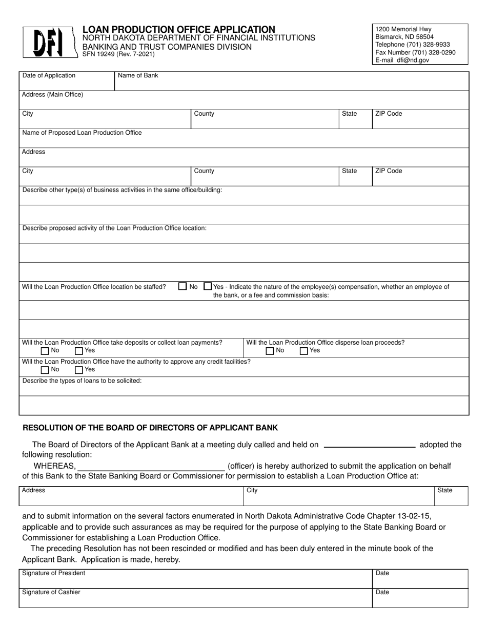 Form SFN19249 Loan Production Office Application - North Dakota, Page 1