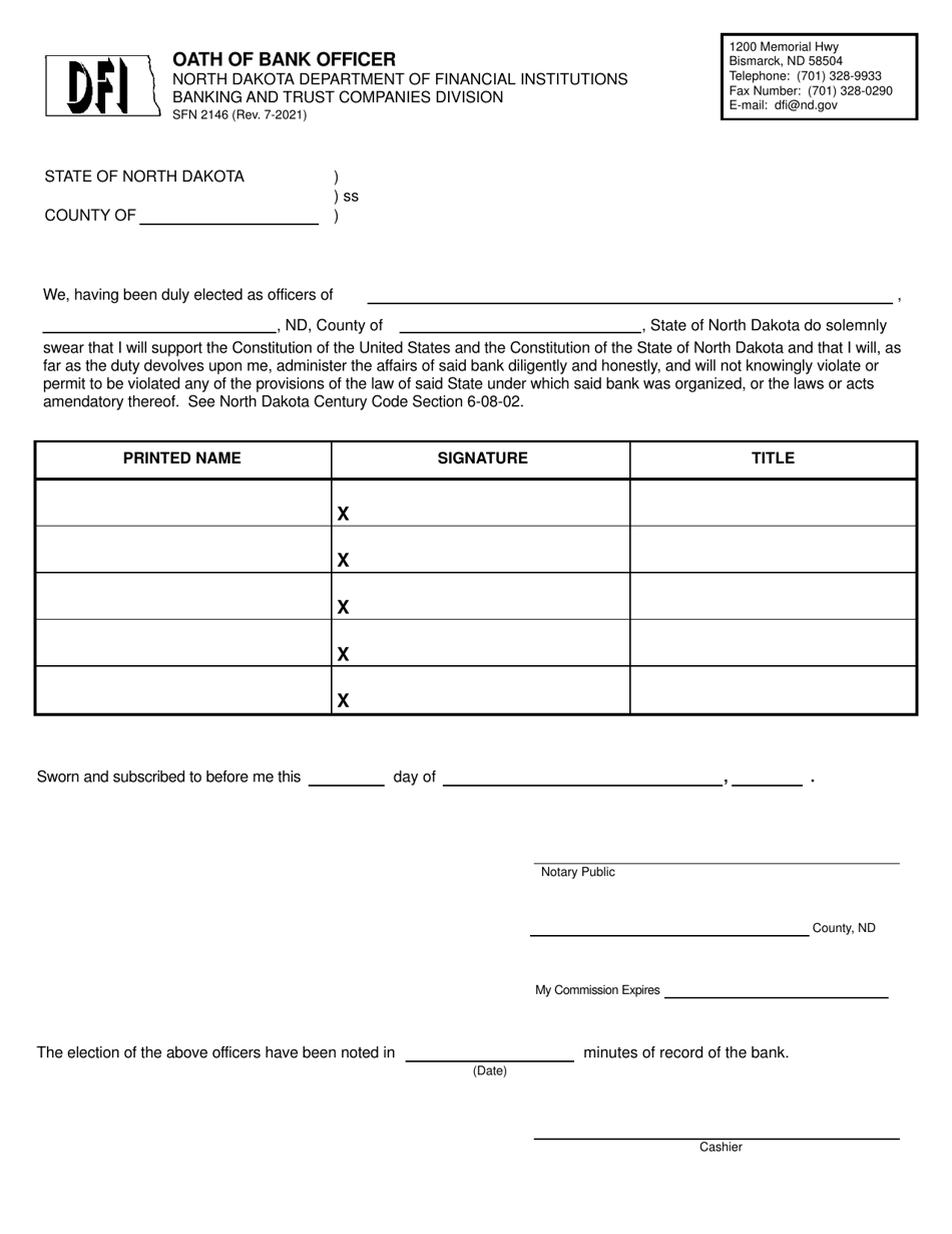 Form SFN2146 Oath of Bank Officer - North Dakota, Page 1