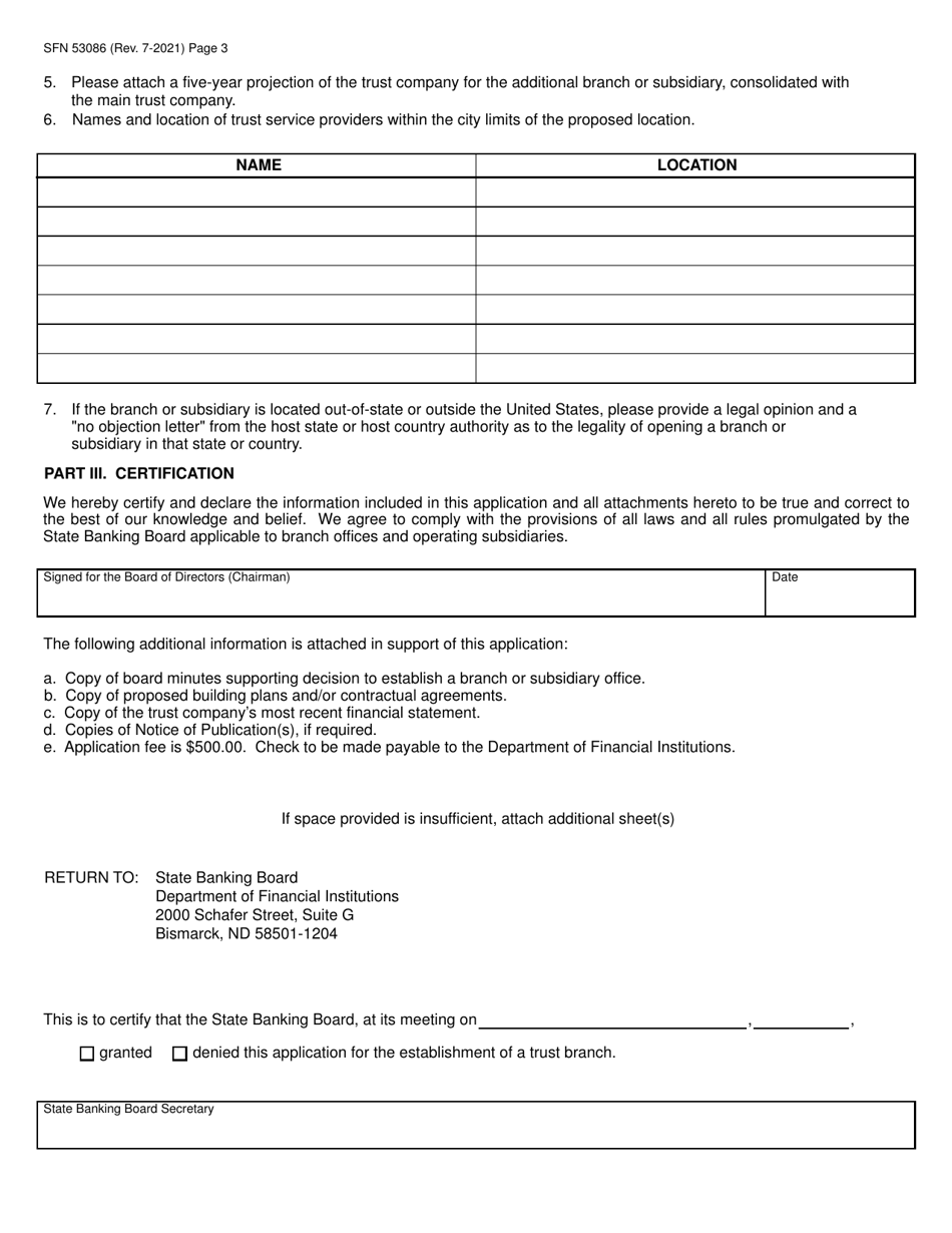 Form SFN53086 Application to Establish a Branch or Operating Subsidiary - North Dakota, Page 3