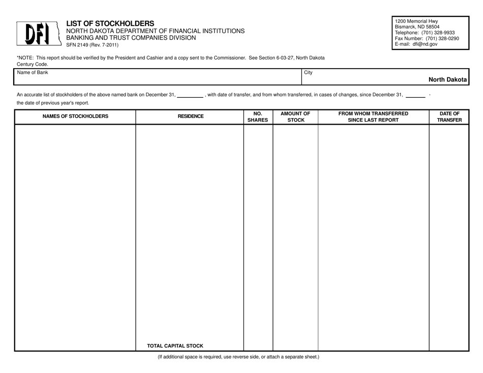 Form SFN2149 List of Stockholders - North Dakota, Page 1