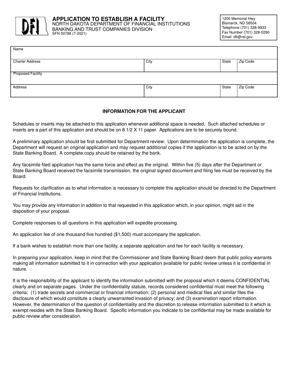 Form SFN50788 Application to Establish a Facility - North Dakota, Page 1