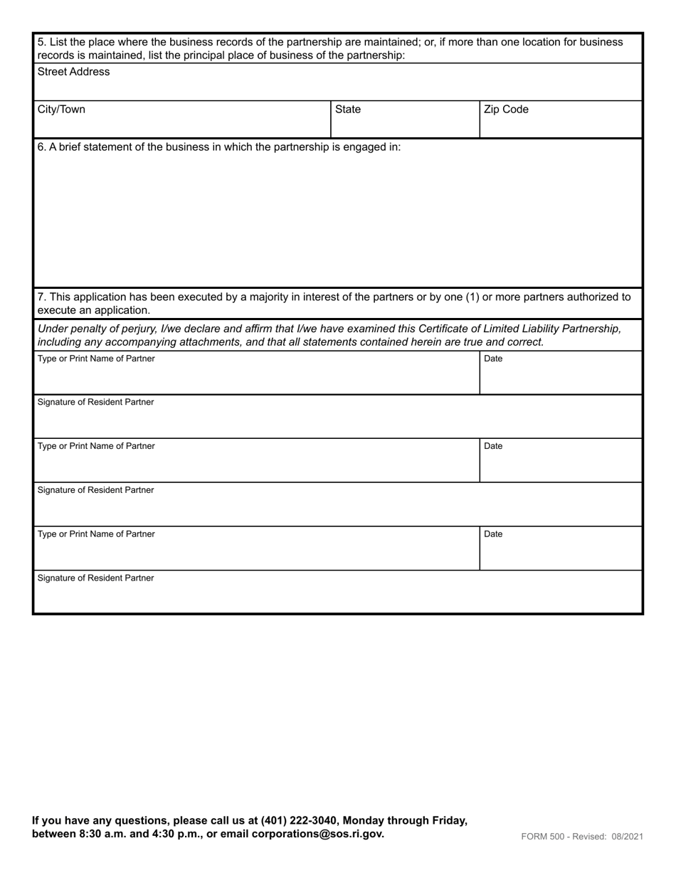 Form 500 Registration of Limited Liability Partnership - Domestic Limited Liability Partnership - Rhode Island, Page 3