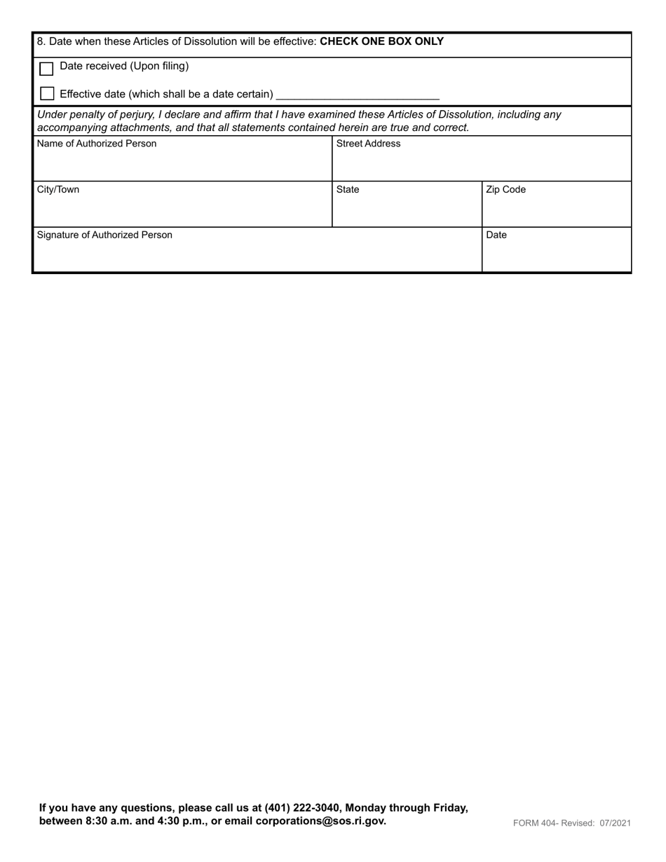 Form 404 Articles of Dissolution for a Domestic Limited Liability Company - Rhode Island, Page 3