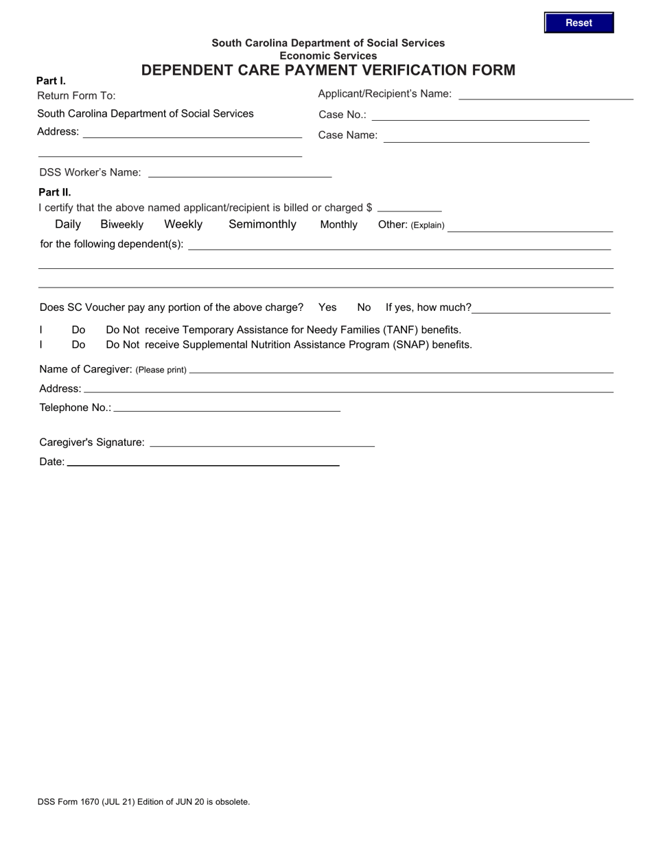 DSS Form 1670 Dependent Care Payment Verification Form - South Carolina, Page 1