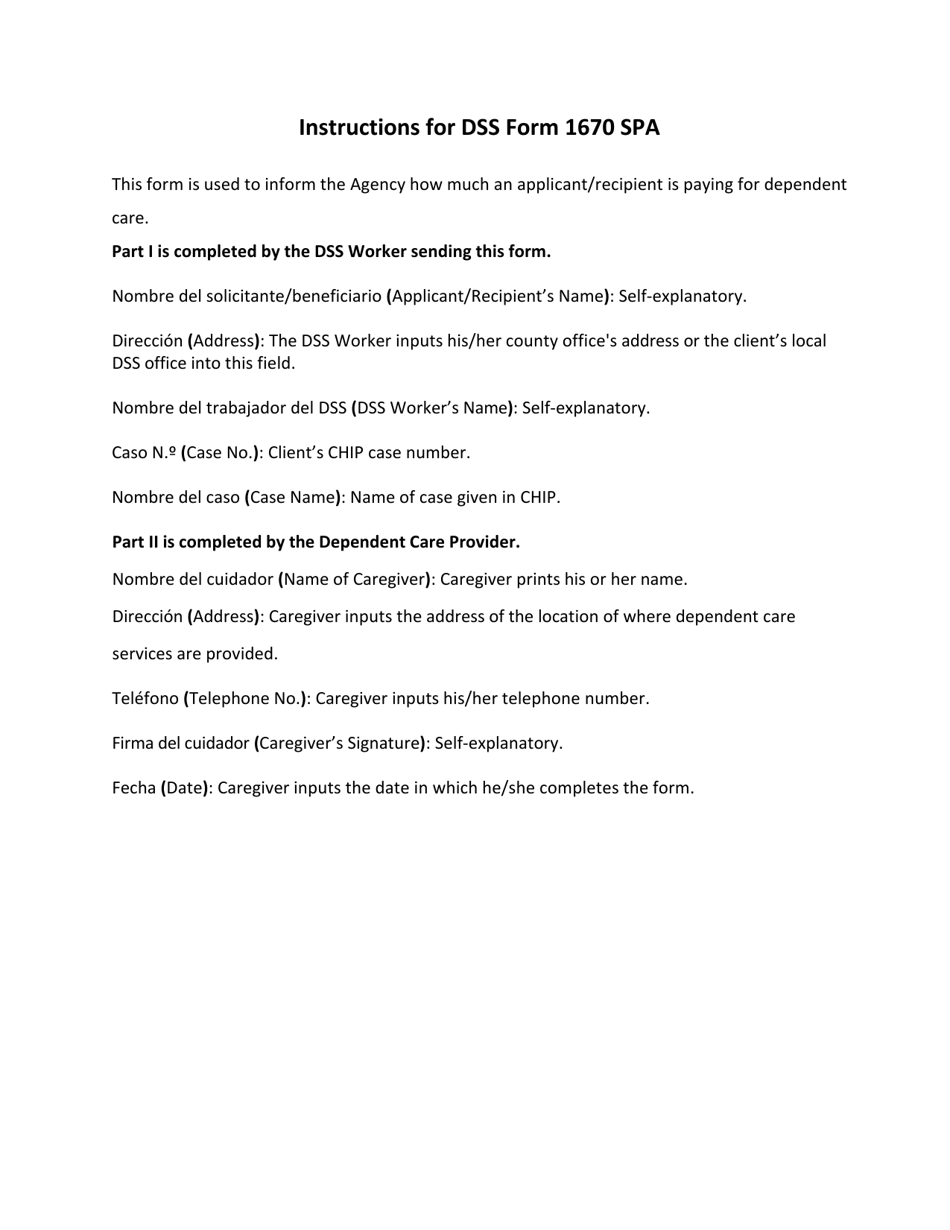 DSS Formulario 1670 SPA Formulario De Verificacion De Pago Por El Cuidado De Un Dependiente - South Carolina (Spanish), Page 2