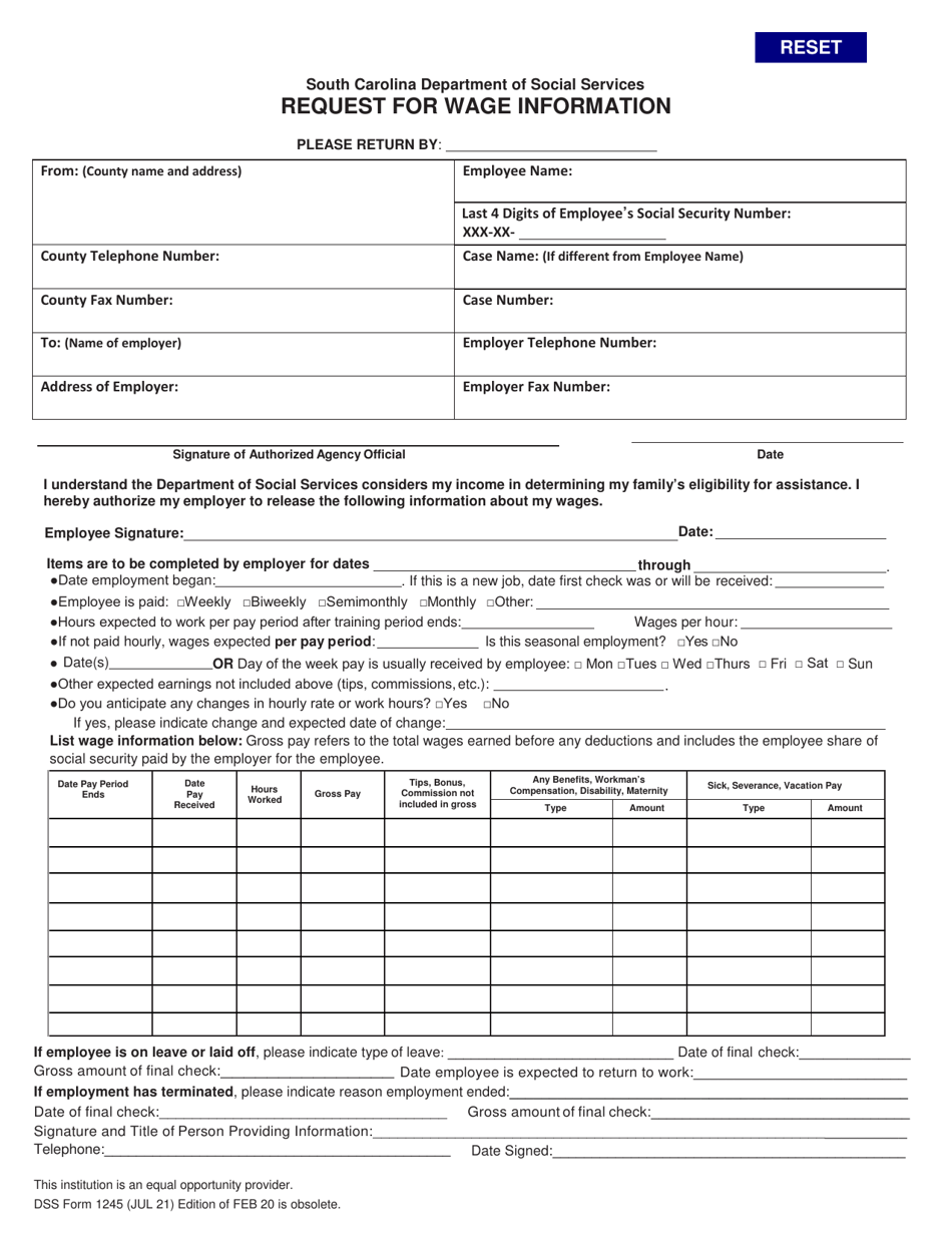 DSS Form 1245 Request for Wage Information - South Carolina, Page 1