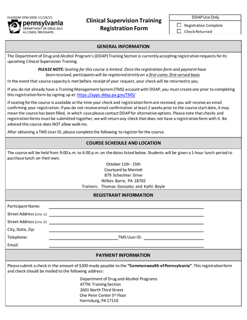 Form DDAP-EFM-3000 Clinical Supervision Training Registration Form - October - Pennsylvania