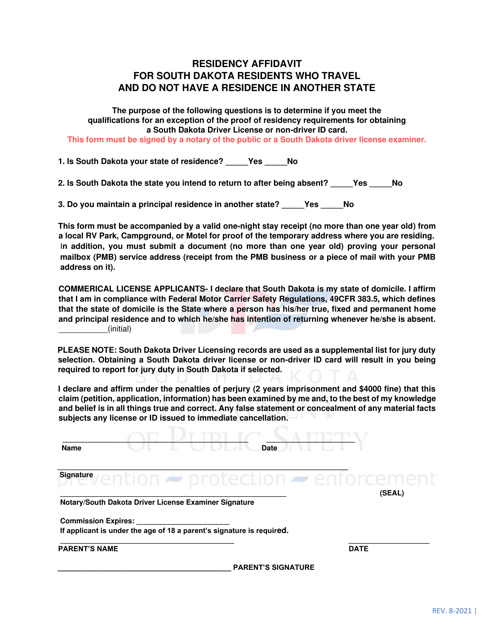 Residency Affidavit for South Dakota Residents Who Travel and Do Not Have a Residence in Another State - South Dakota