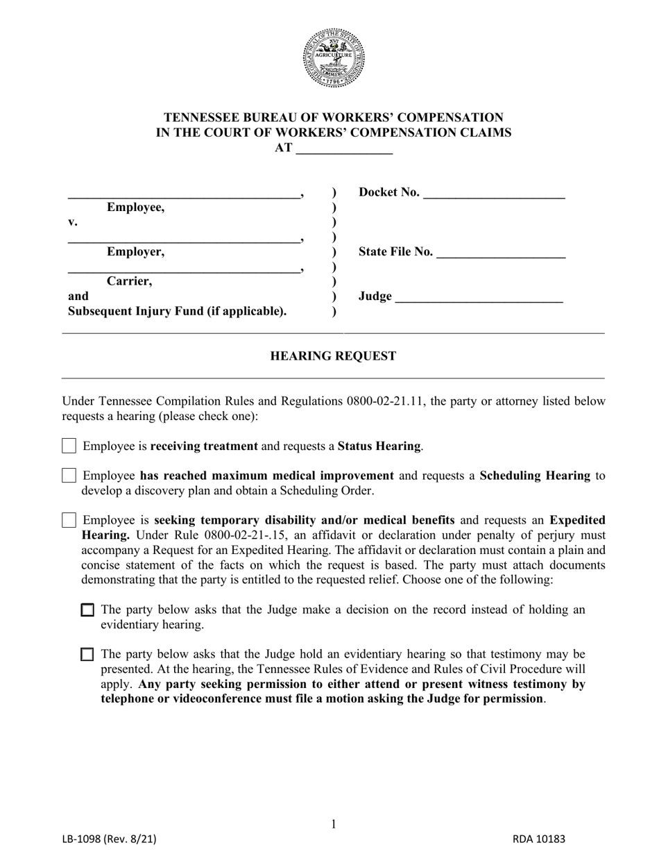 Form LB-1098 Hearing Request - Tennessee, Page 1