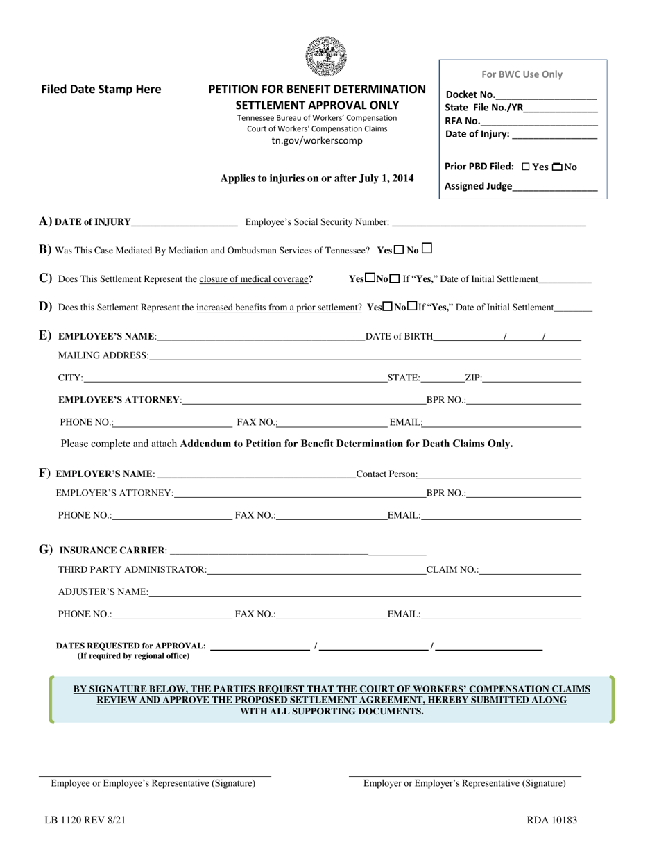 Form LB1120 Petition for Benefit Determination - Settlement Approval Only - Tennessee, Page 1