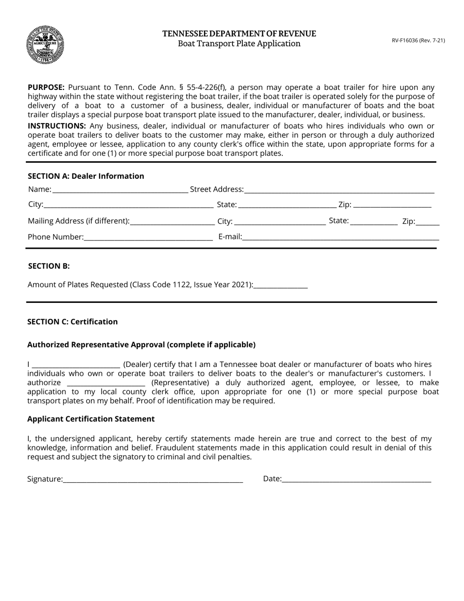 Form RV-F16036 Boat Transport Plate Application - Tennessee, Page 1
