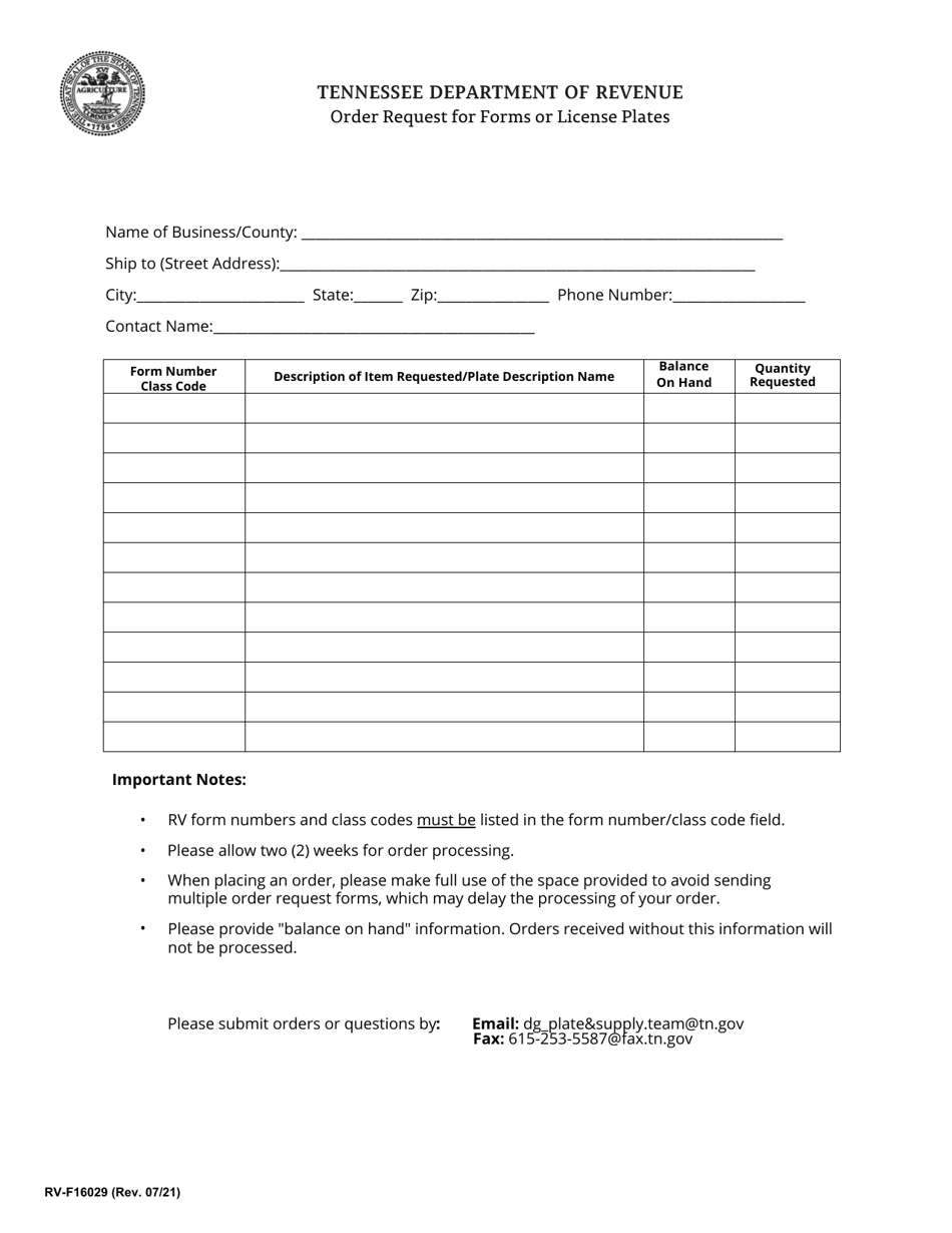 Form RV-F16029 Order Request for Forms or License Plates - Tennessee, Page 1
