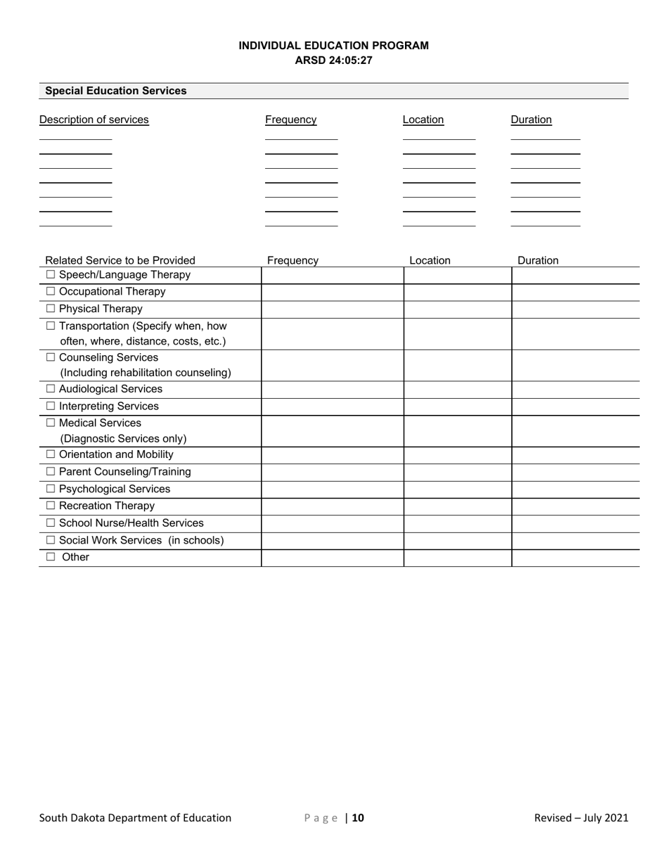 Individual Education Plan for Transition - South Dakota, Page 10
