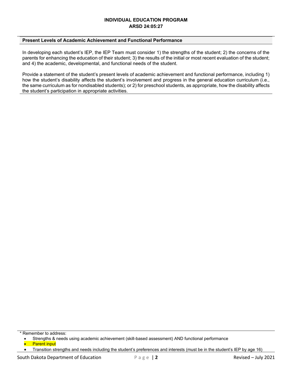Individual Education Plan for Transition - South Dakota, Page 2