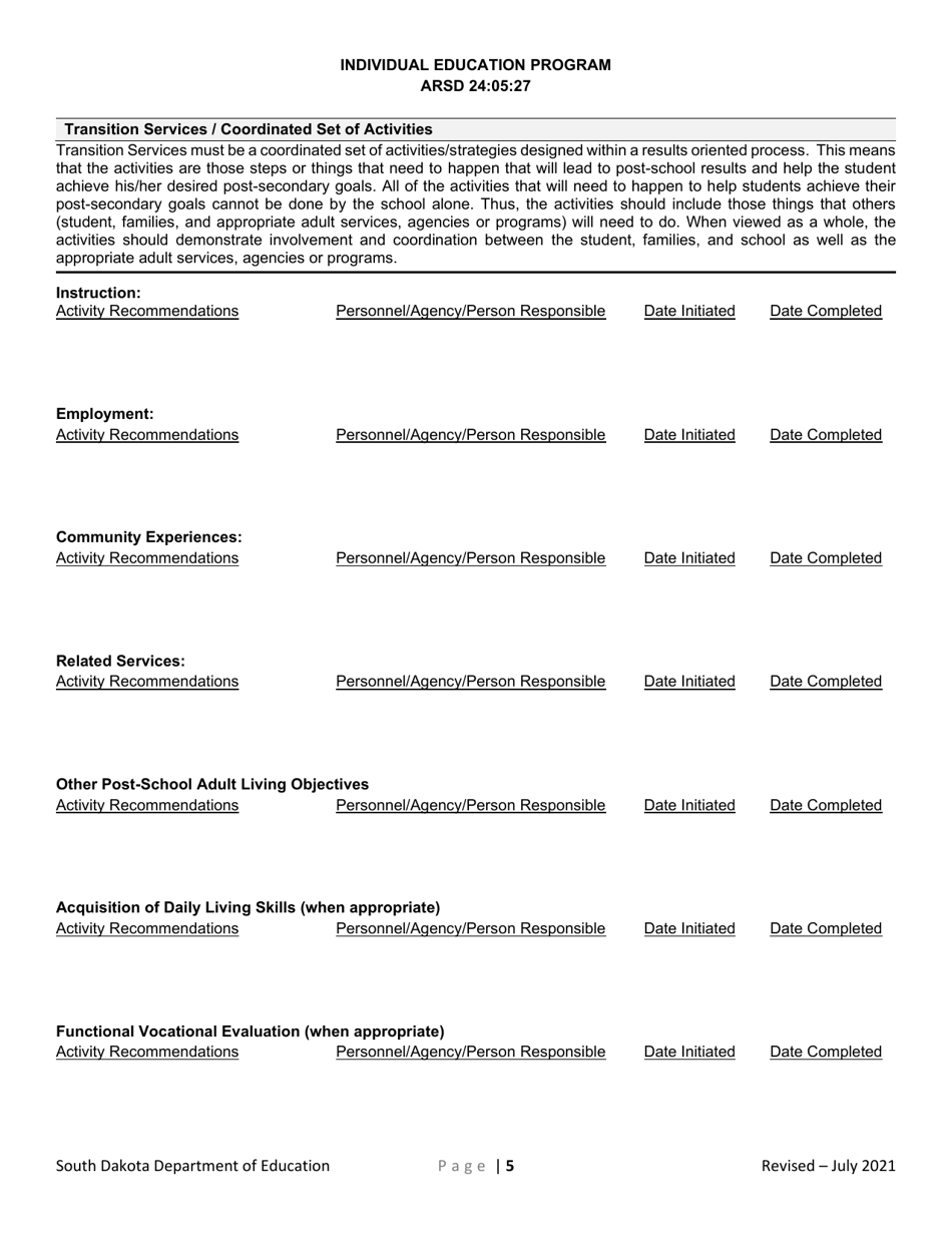 Individual Education Plan for Transition - South Dakota, Page 5