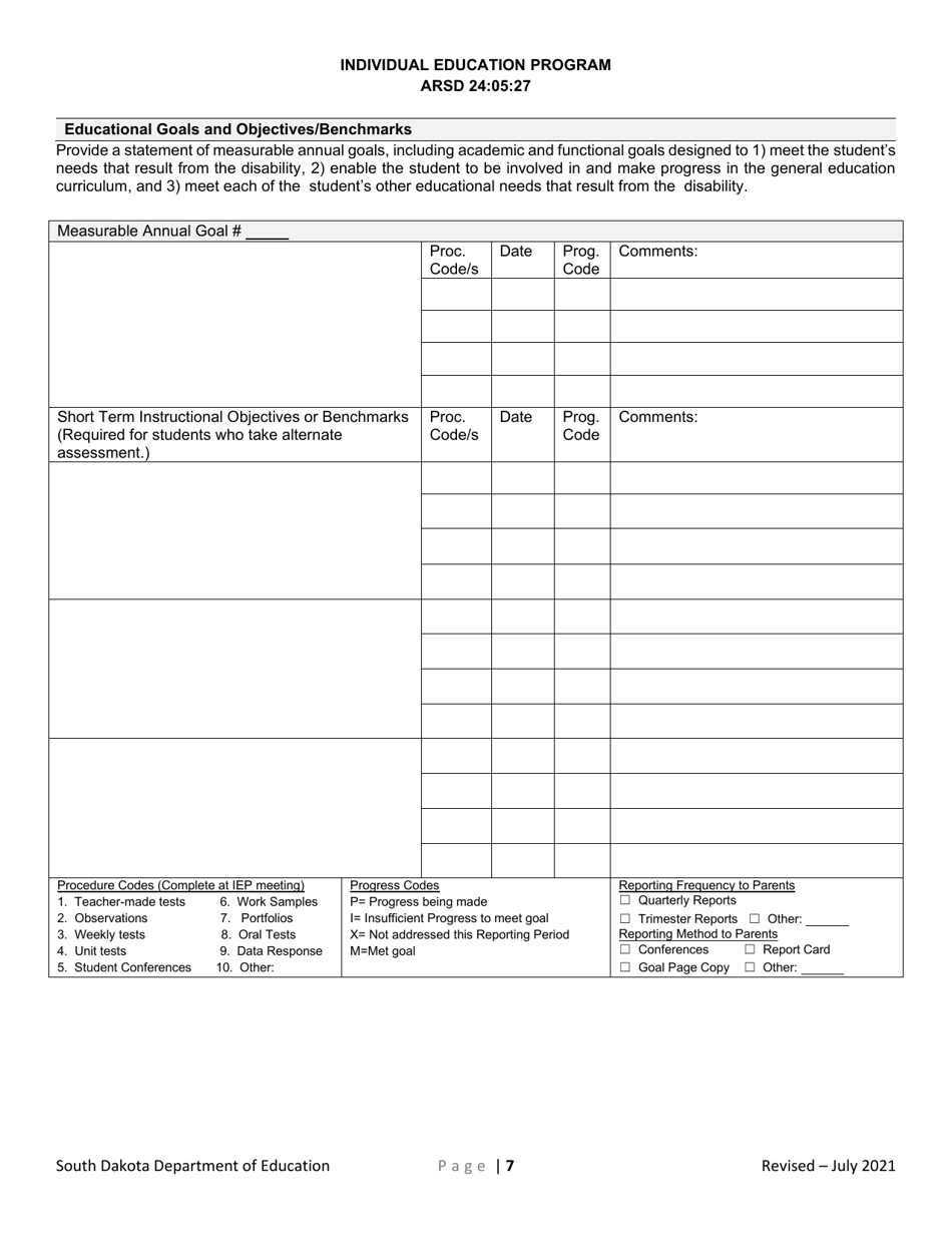 Individual Education Plan for Transition - South Dakota, Page 7