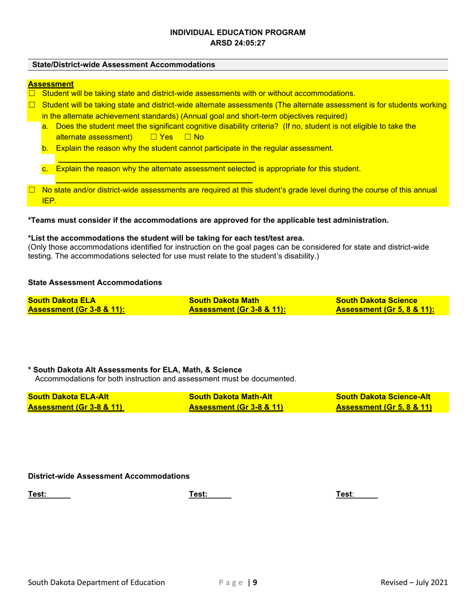 Individual Education Plan for Transition - South Dakota, Page 9