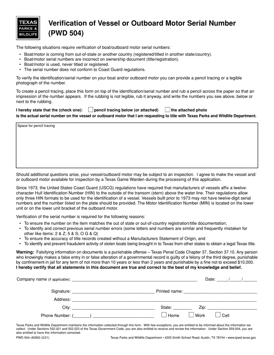 Form PWD504 Verification of Vessel or Outboard Motor Serial Number - Texas, Page 1