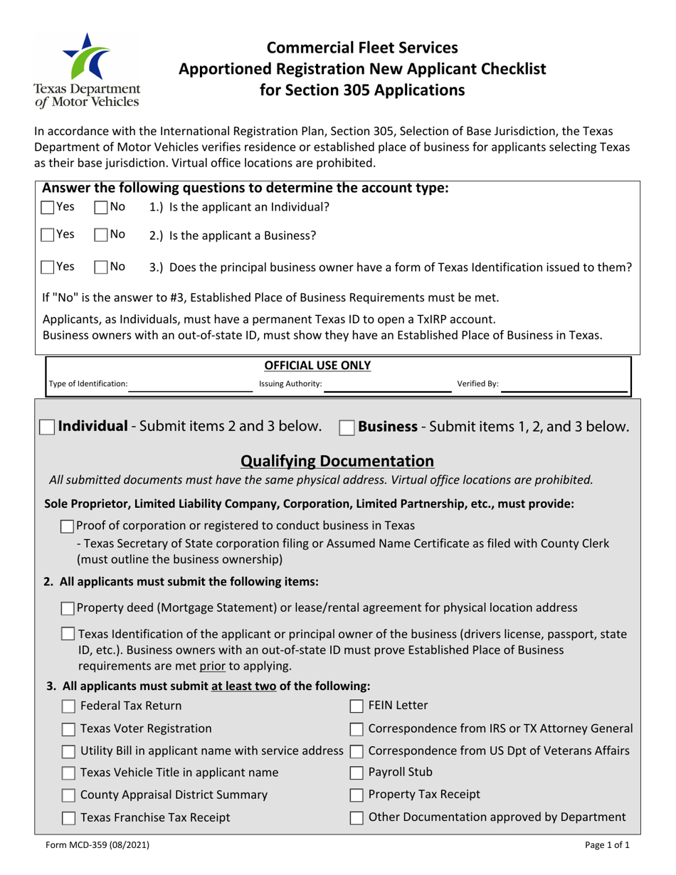 Form MCD-359 Apportioned Registration New Applicant Checklist for Section 305 Applications - Texas, Page 1