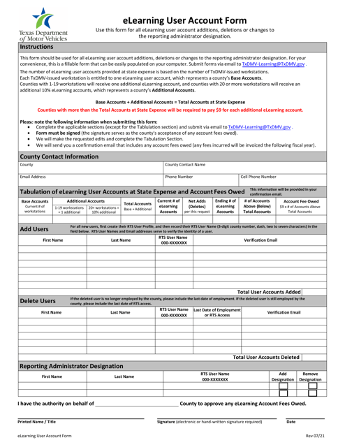 Elearning User Account Form - Texas Download Pdf