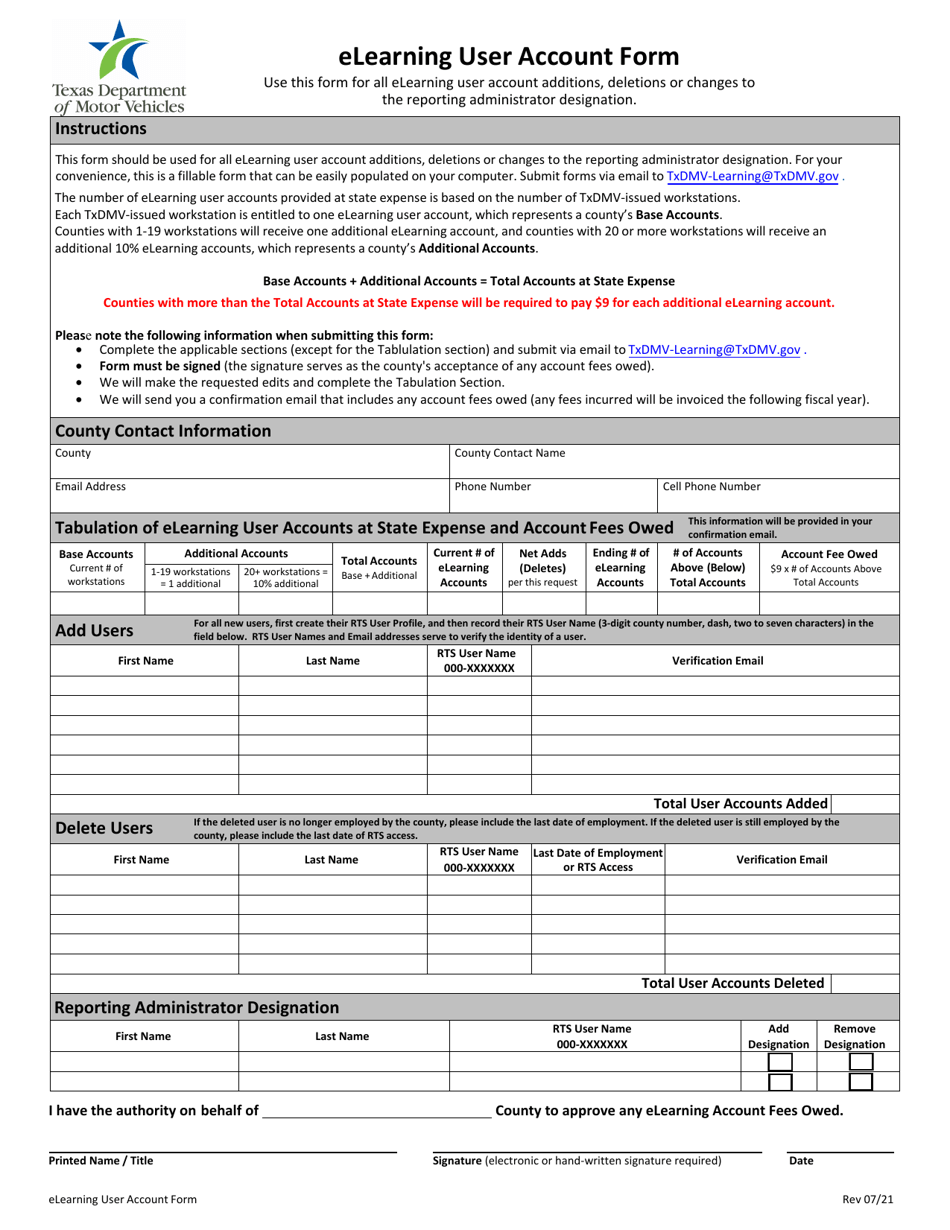 Elearning User Account Form - Texas, Page 1