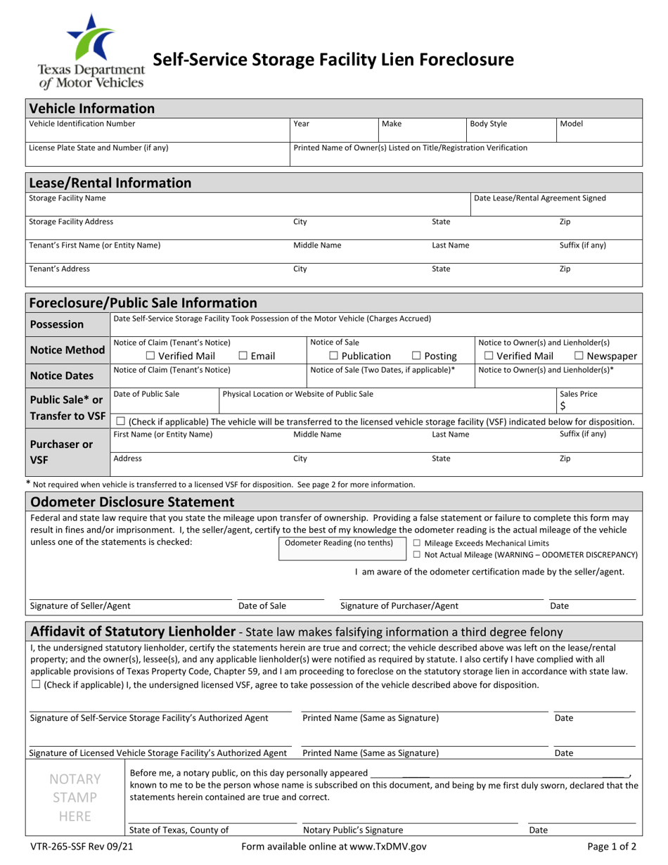 Form VTR-265-SSF Self-service Storage Facility Lien Foreclosure - Texas, Page 1