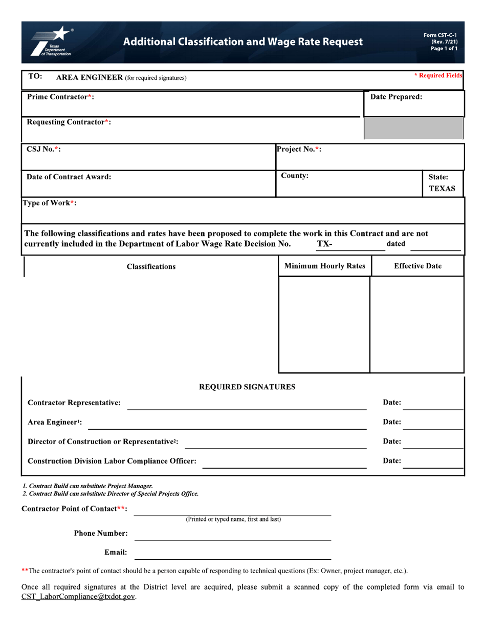 Form CST-C-1 Additional Classification and Wage Rate Request - Texas, Page 1